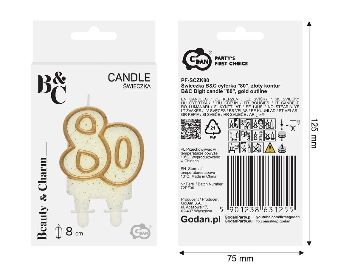 Double digit candle "80", gold outline, 8 cm